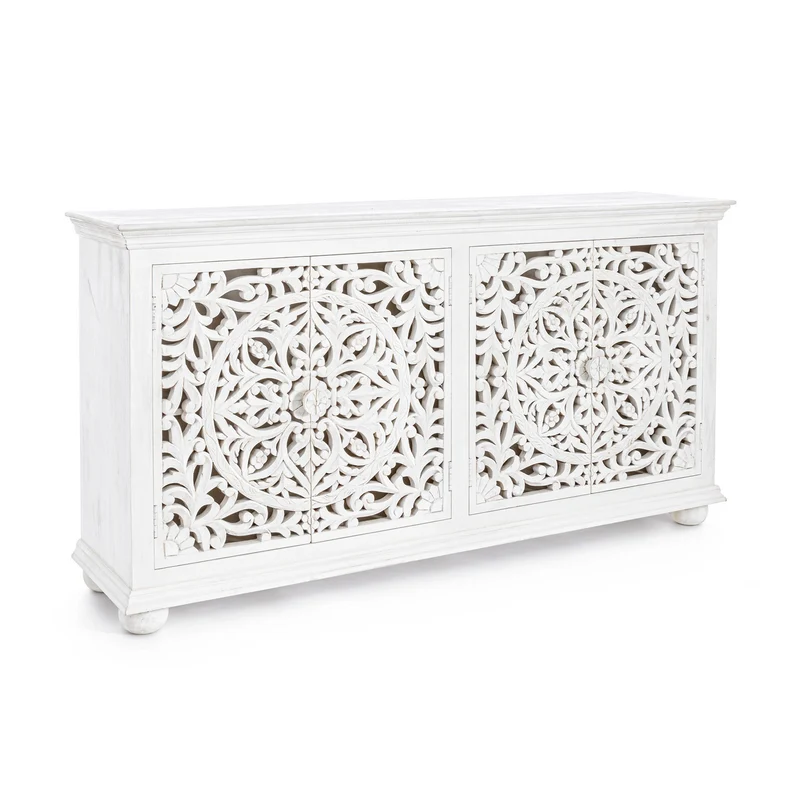 Credenza "Alinta" bianca, struttura in legno di mango, con ante intarsiate a mano, stile fusion