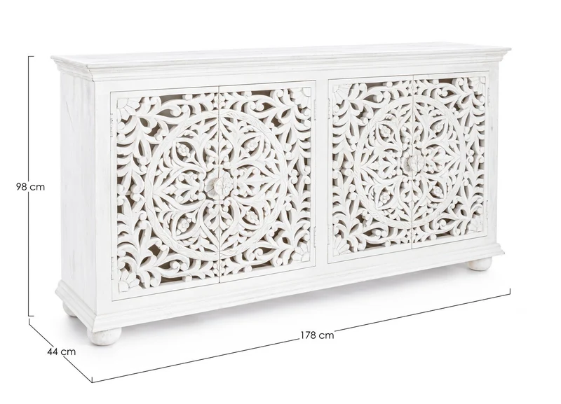 Credenza "Alinta" bianca, struttura in legno di mango, con ante intarsiate a mano, stile fusion