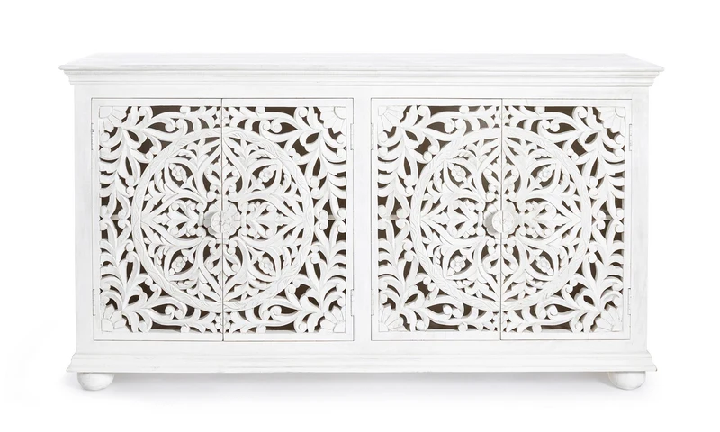 Credenza "Alinta" bianca, struttura in legno di mango, con ante intarsiate a mano, stile fusion
