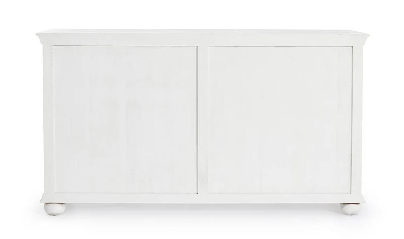 Credenza "Alinta" bianca, struttura in legno di mango, con ante intarsiate a mano, stile fusion