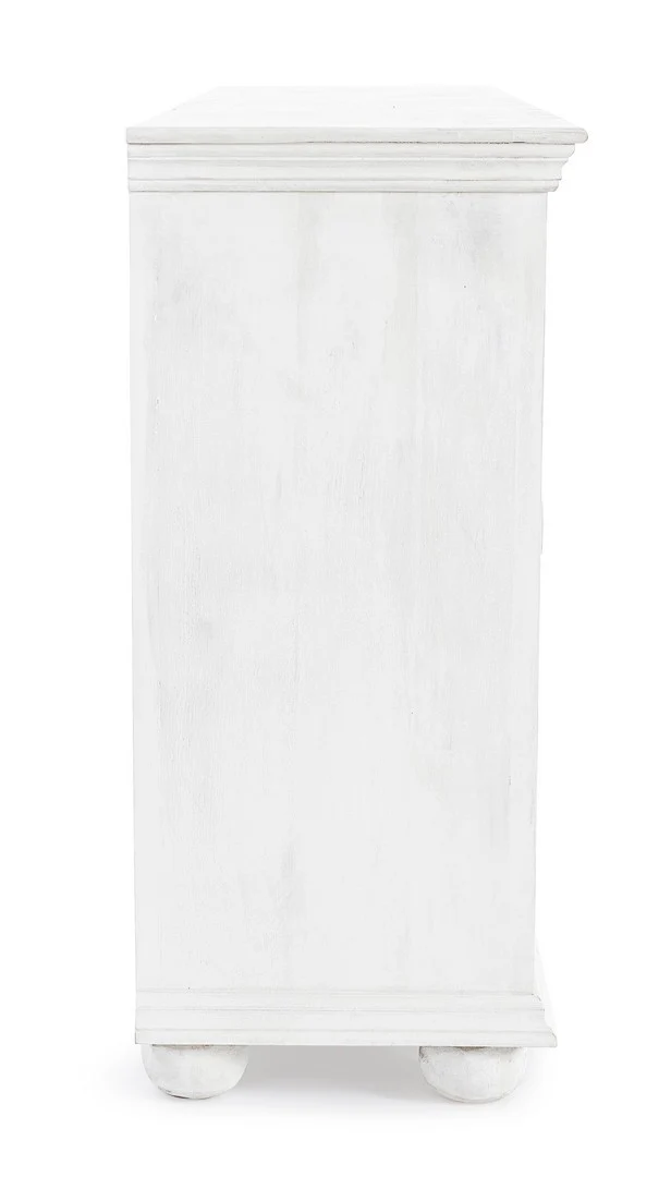Credenza "Alinta" bianca, struttura in legno di mango, con ante intarsiate a mano, stile fusion