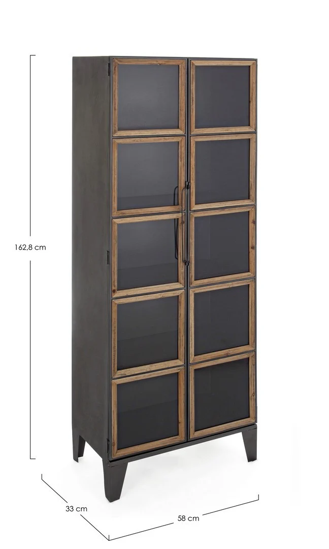 Mobile "Border", struttura in acciaio ante, con inserti in legno di pino e vetro, stile industriale