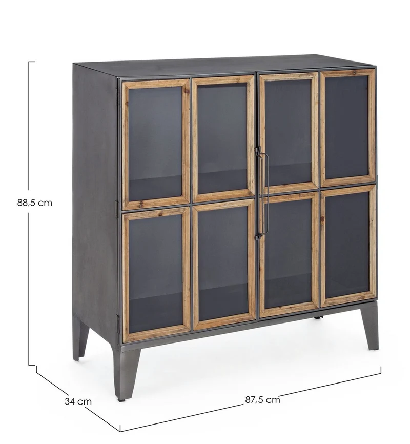 Mobile "Border", struttura in acciaio ante, con inserti in legno di pino e vetro, stile industriale