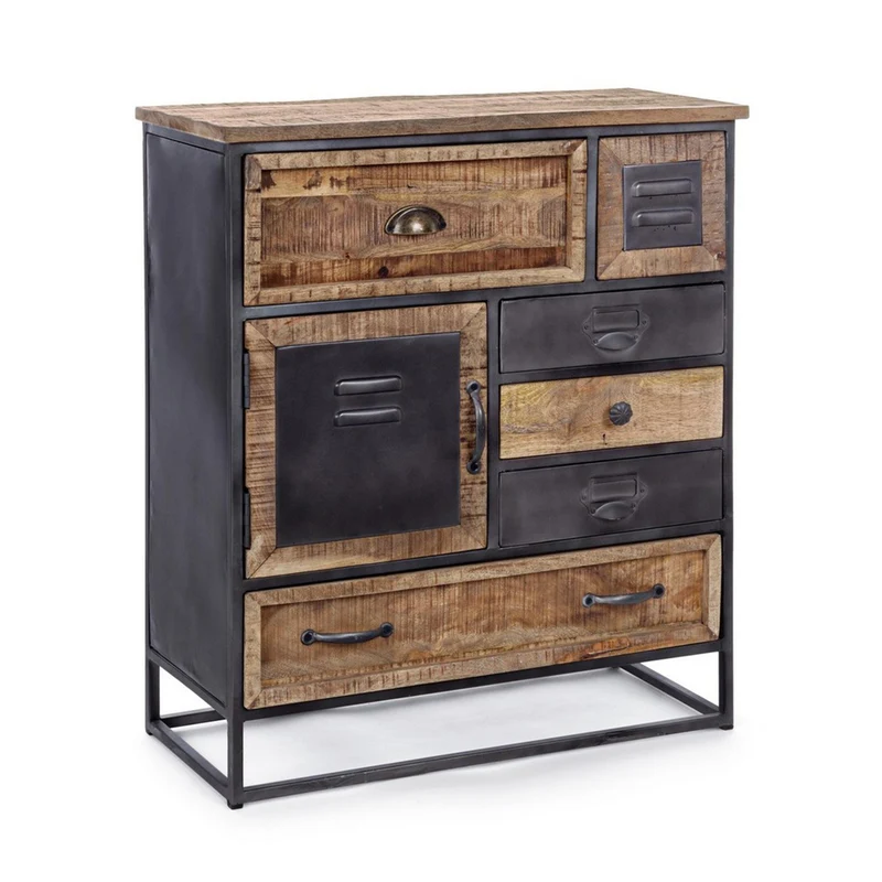 Cassettiera "Rupert", 1 anta e 6 cassetti con struttura in acciaio e legno di mango, stile industriale