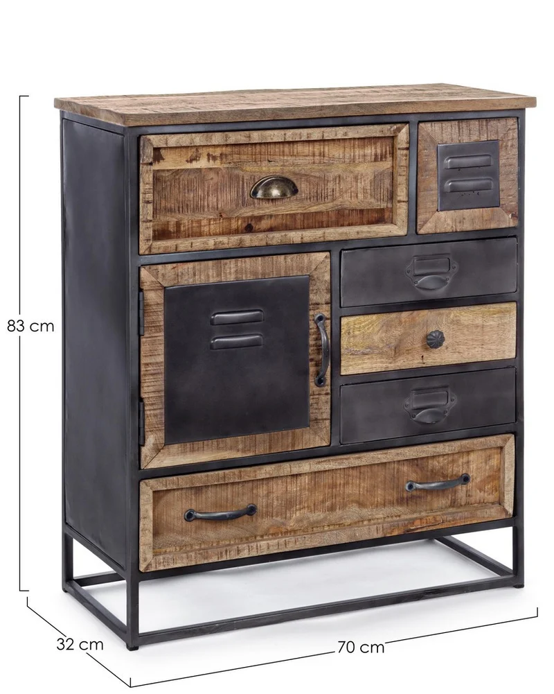 Cassettiera "Rupert", 1 anta e 6 cassetti con struttura in acciaio e legno di mango, stile industriale
