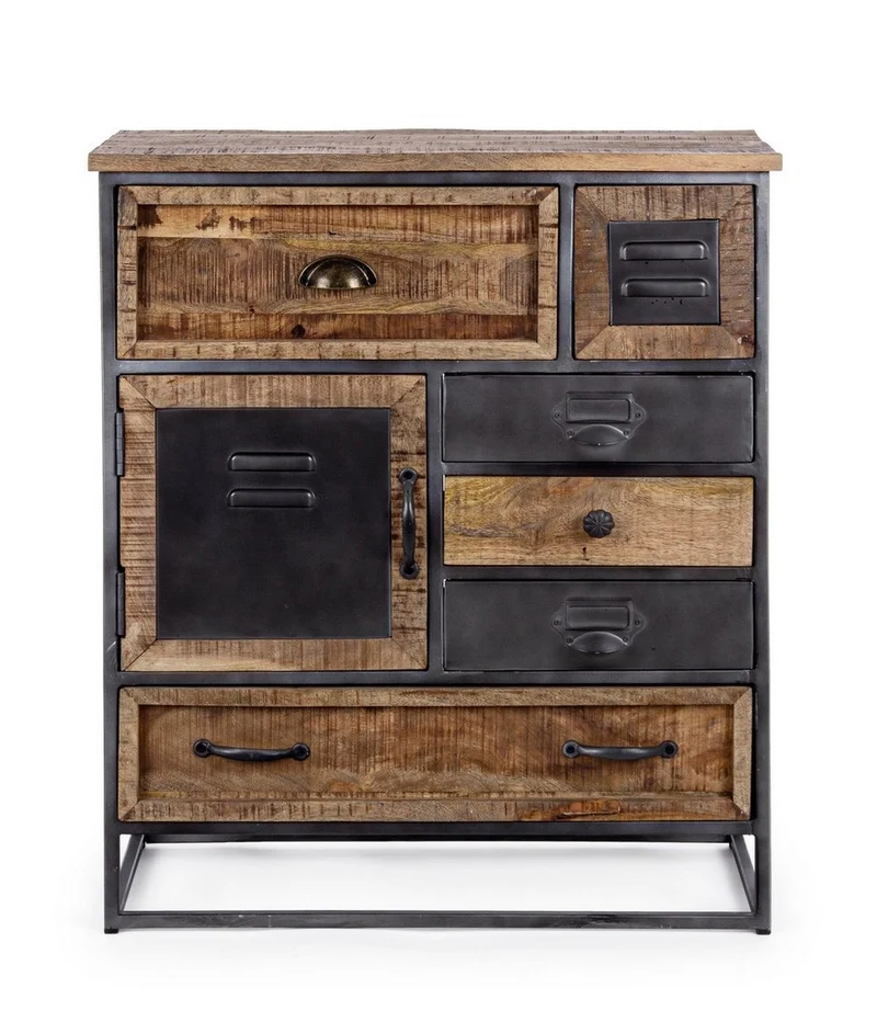 Cassettiera "Rupert", 1 anta e 6 cassetti con struttura in acciaio e legno di mango, stile industriale