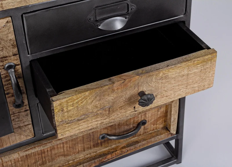 Cassettiera "Rupert", 1 anta e 6 cassetti con struttura in acciaio e legno di mango, stile industriale