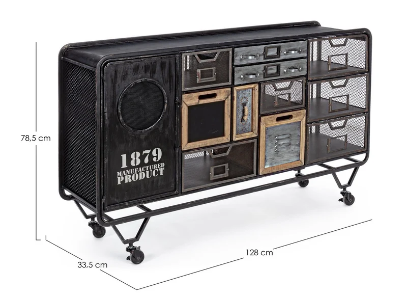 Credenza "Liverpool" con struttura e cassetti in acciaio, stile industriale