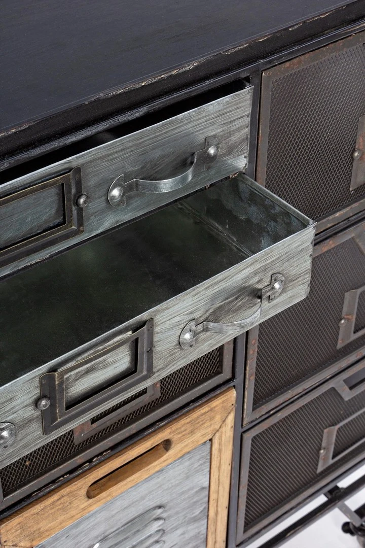 Credenza "Liverpool" con struttura e cassetti in acciaio, stile industriale