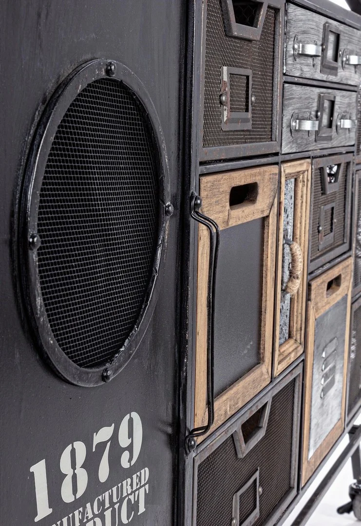 Credenza "Liverpool" con struttura e cassetti in acciaio, stile industriale