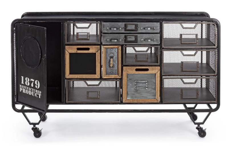 Credenza "Liverpool" con struttura e cassetti in acciaio, stile industriale