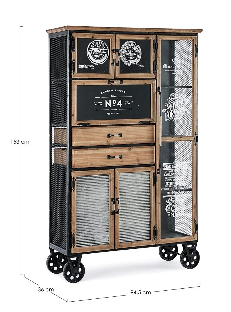 Credenza "Liverpool" con struttura e cassetti in acciaio, stile industriale