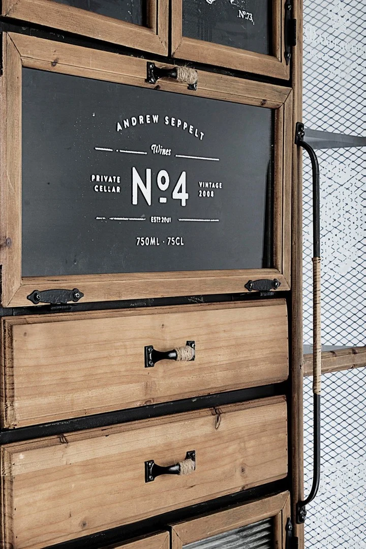 Credenza "Liverpool" con struttura e cassetti in acciaio, stile industriale