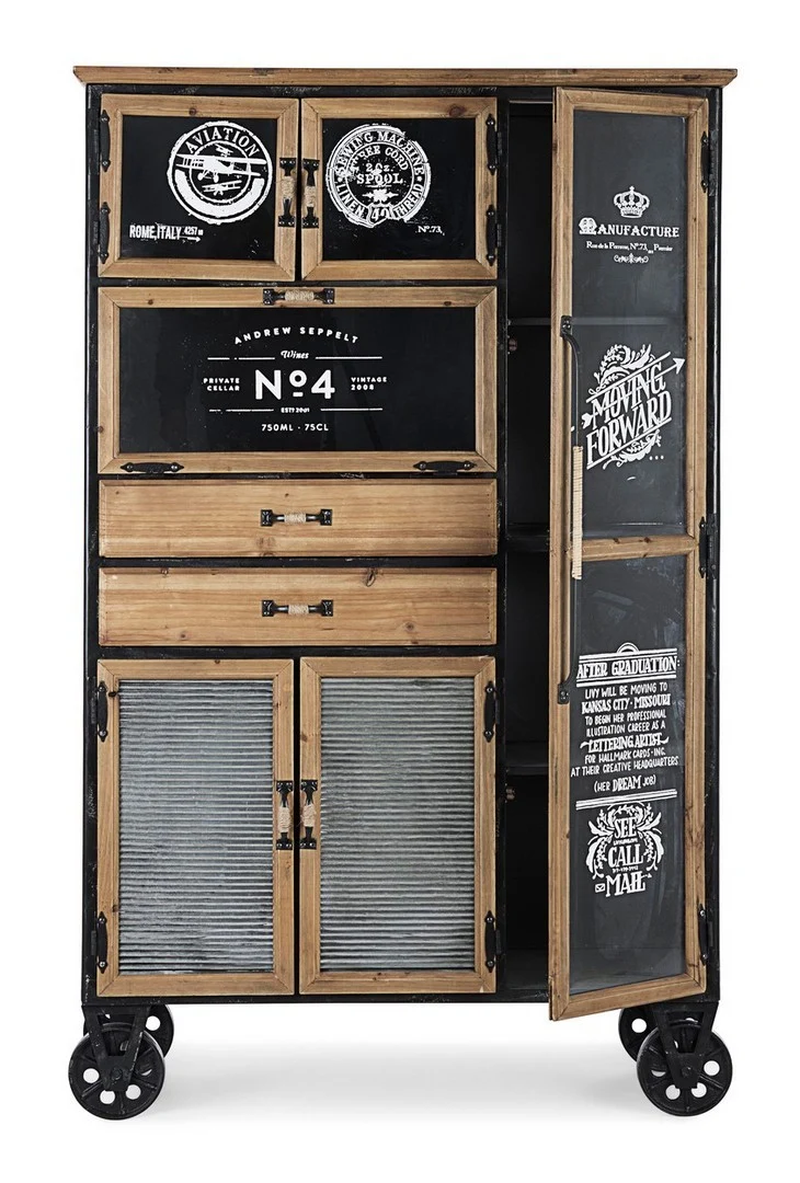 Credenza "Liverpool" con struttura e cassetti in acciaio, stile industriale