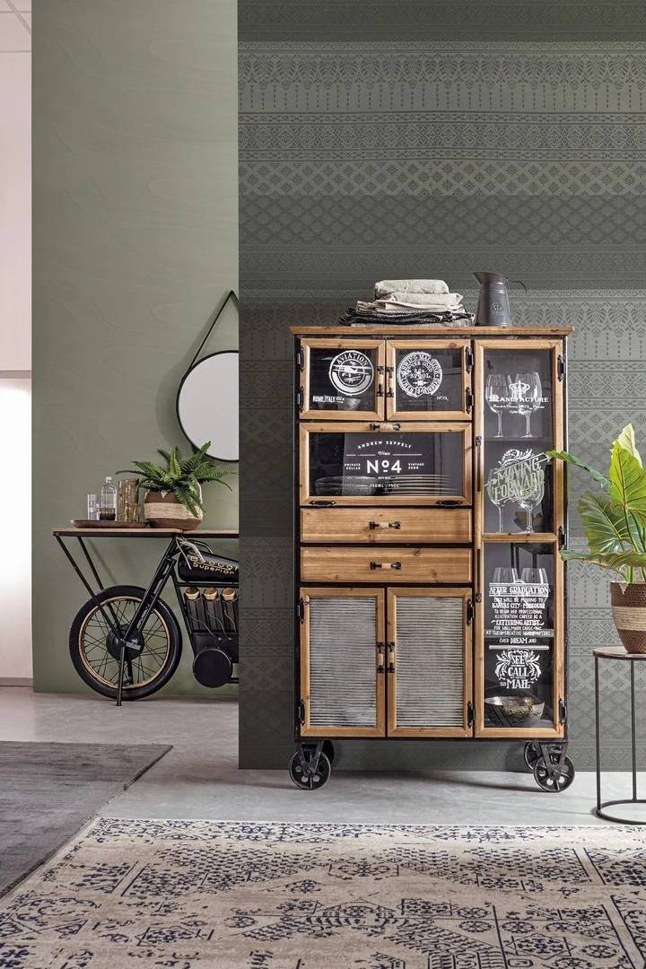 Credenza "Liverpool" con struttura e cassetti in acciaio, stile industriale