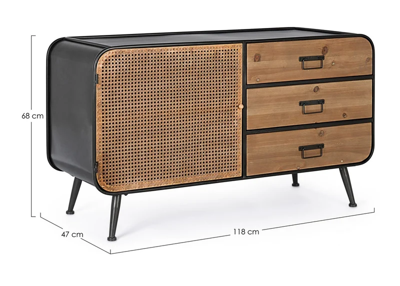 Credenza "Elton" con struttura in acciaio, cassetti in legno di abete, stile vintage