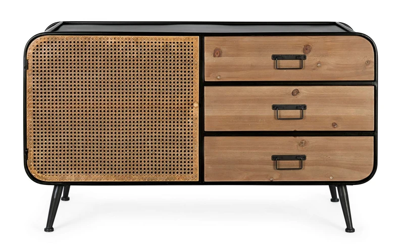Credenza "Elton" con struttura in acciaio, cassetti in legno di abete, stile vintage