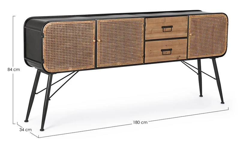 Credenza "Elton" con struttura in acciaio, cassetti in legno di abete, stile vintage
