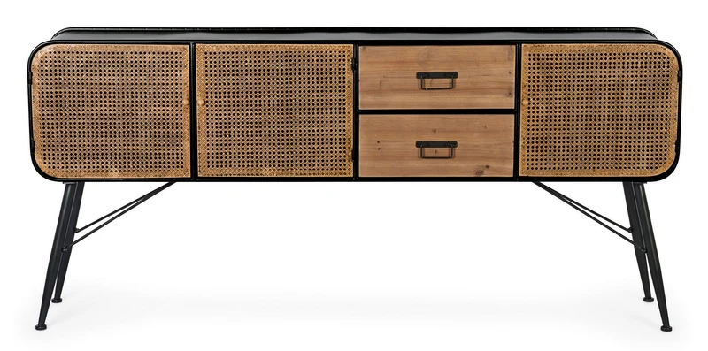 Credenza "Elton" con struttura in acciaio, cassetti in legno di abete, stile vintage