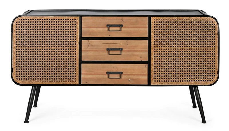 Credenza "Elton" con struttura in acciaio, cassetti in legno di abete, stile vintage