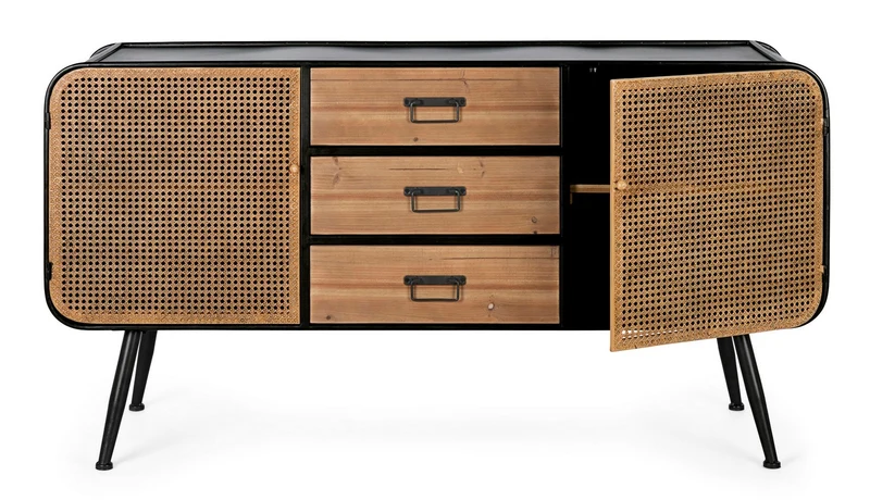 Credenza "Elton" con struttura in acciaio, cassetti in legno di abete, stile vintage