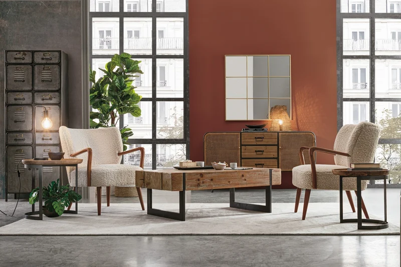 Credenza "Elton" con struttura in acciaio, cassetti in legno di abete, stile vintage