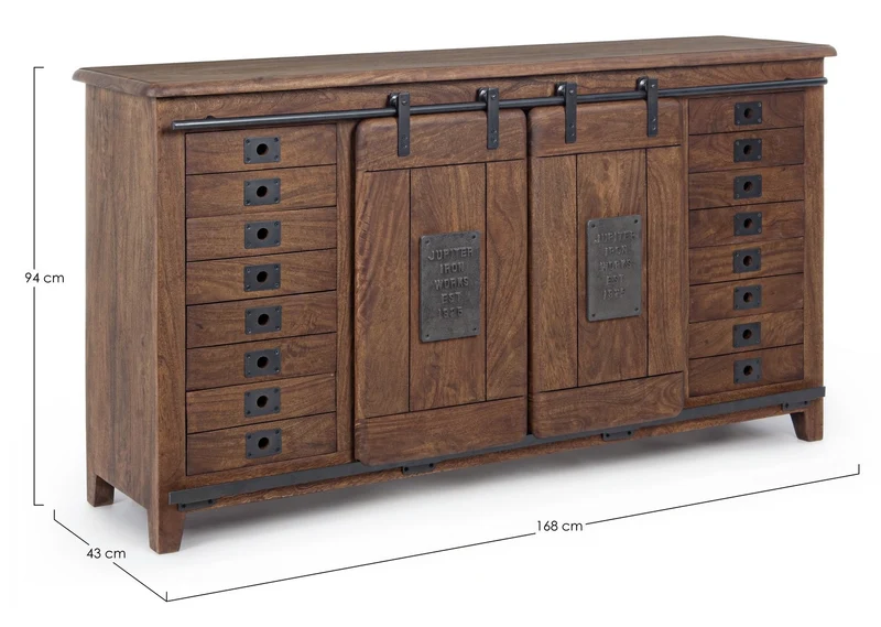 Credenza "Jupiter" con struttura in legno di mango, maniglie in acciaio, stile vintage