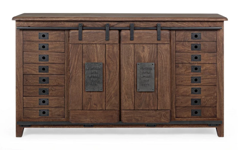 Credenza "Jupiter" con struttura in legno di mango, maniglie in acciaio, stile vintage