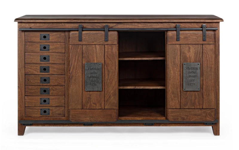 Credenza "Jupiter" con struttura in legno di mango, maniglie in acciaio, stile vintage