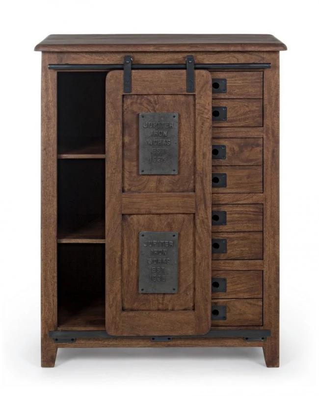 Credenza "Jupiter" con struttura in legno di mango, maniglie in acciaio, stile vintage
