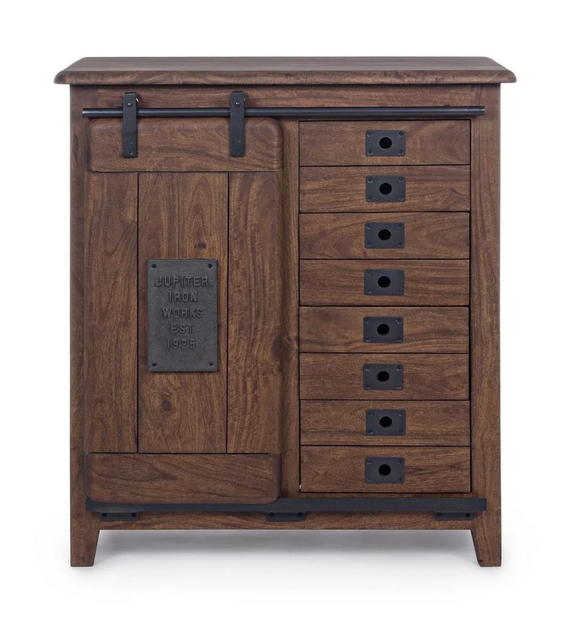 Credenza "Jupiter" con struttura in legno di mango, maniglie in acciaio, stile vintage