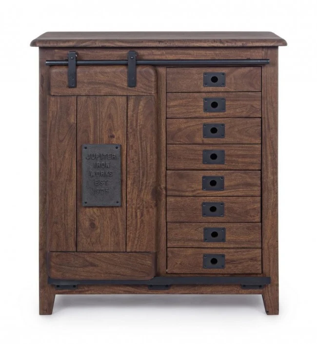 Credenza "Jupiter" con struttura in legno di mango, maniglie in acciaio, stile vintage