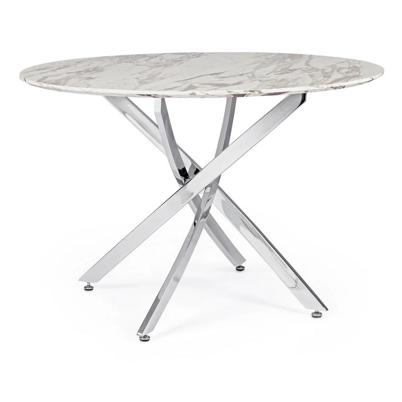 Tavolo John Marble tondo con gambe in acciaio, struttura cromata, piano in legno ricoperto con carta effetto marmo
