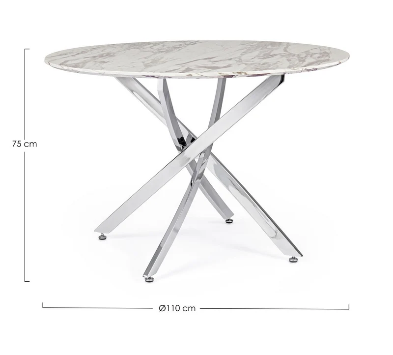 Tavolo John Marble tondo con gambe in acciaio, struttura cromata, piano in legno ricoperto con carta effetto marmo