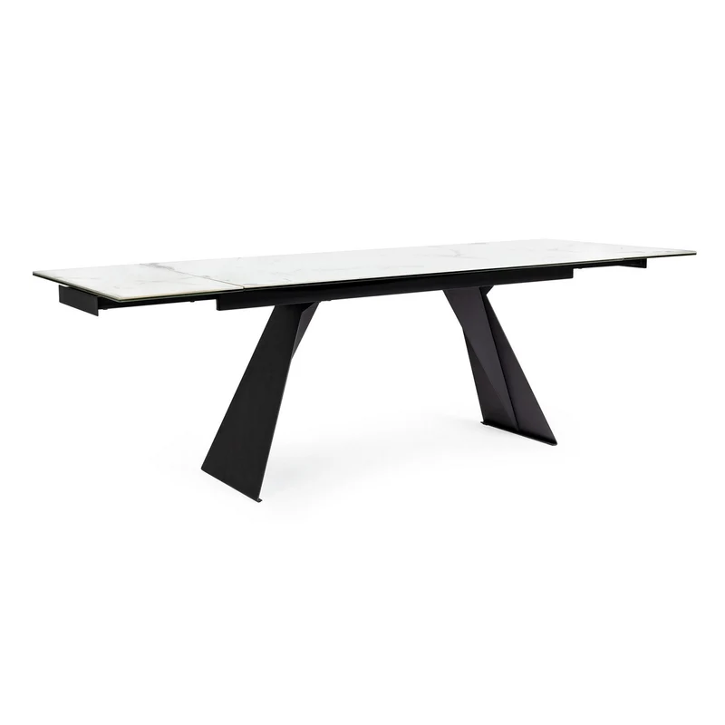 Tavolo allungabile Blazar con struttura in acciaio, piano in ceramica e supporto in vetro