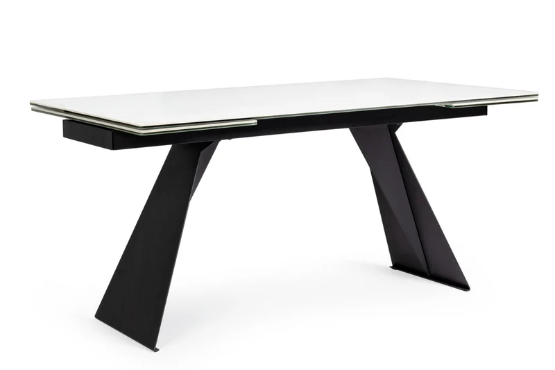 Tavolo allungabile Blazar con struttura in acciaio, piano in ceramica e supporto in vetro