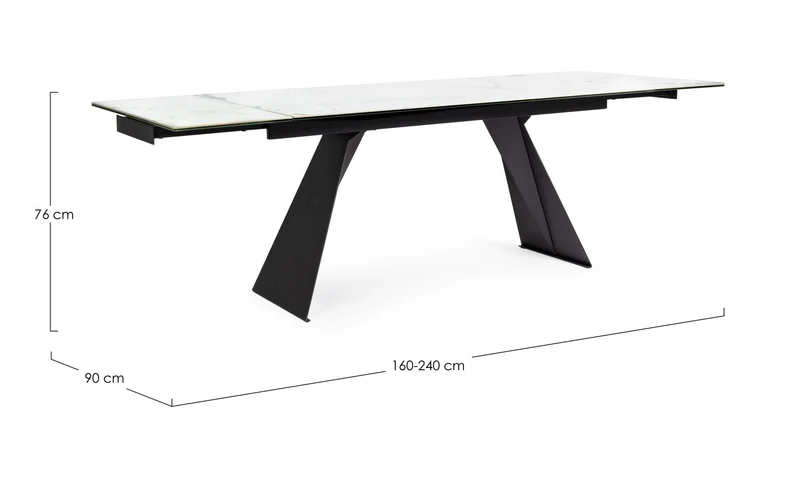 Tavolo allungabile Blazar con struttura in acciaio, piano in ceramica e supporto in vetro
