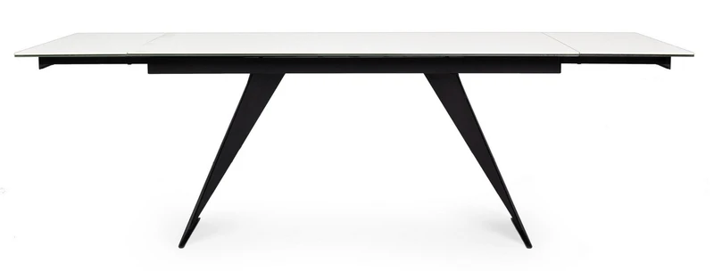 Tavolo allungabile Blazar con struttura in acciaio, piano in ceramica e supporto in vetro