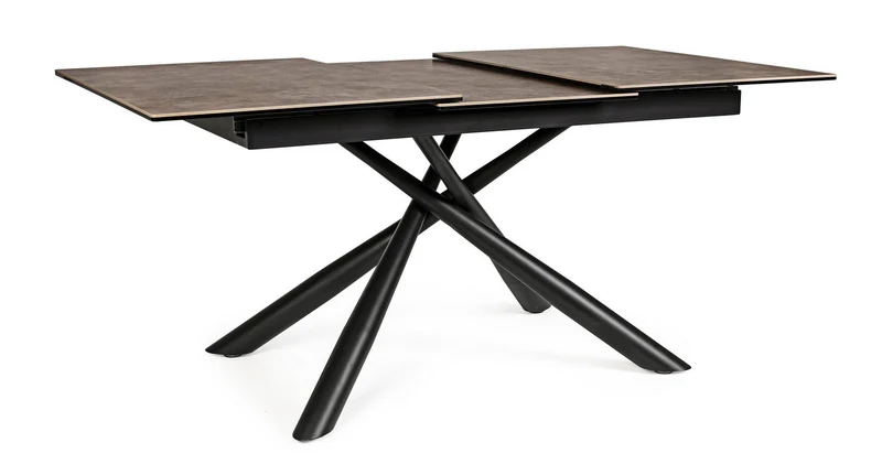 Tavolo allungabile Seyfert con struttura in acciaio, piano in ceramica e supporto in vetro