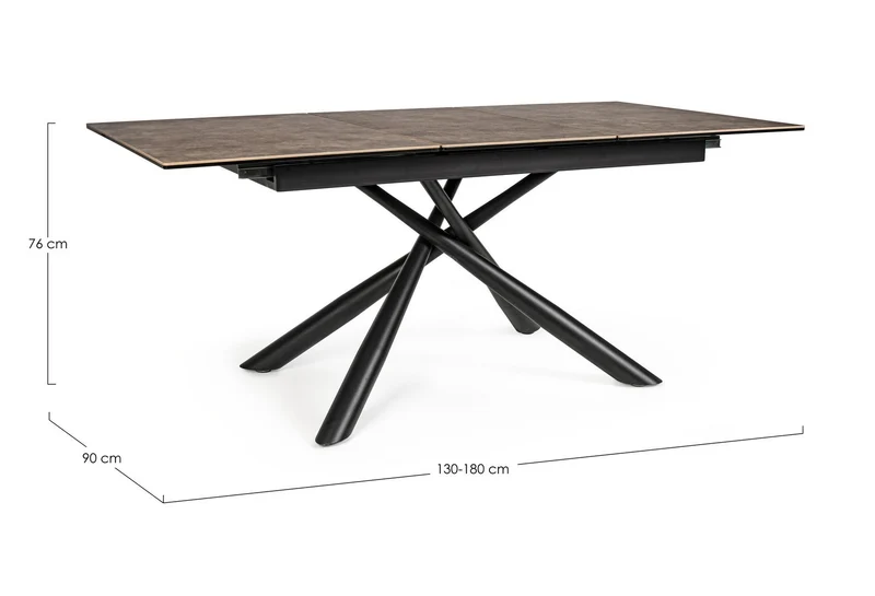Tavolo allungabile Seyfert con struttura in acciaio, piano in ceramica e supporto in vetro