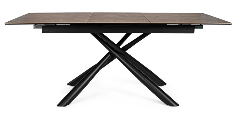 Tavolo allungabile Seyfert con struttura in acciaio, piano in ceramica e supporto in vetro