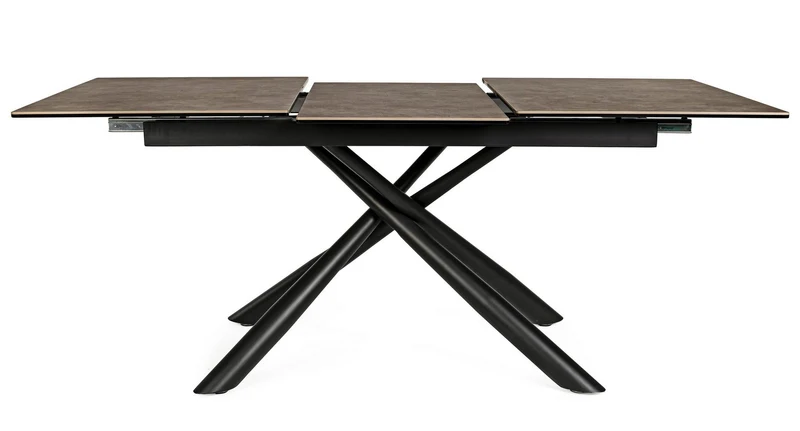 Tavolo allungabile Seyfert con struttura in acciaio, piano in ceramica e supporto in vetro