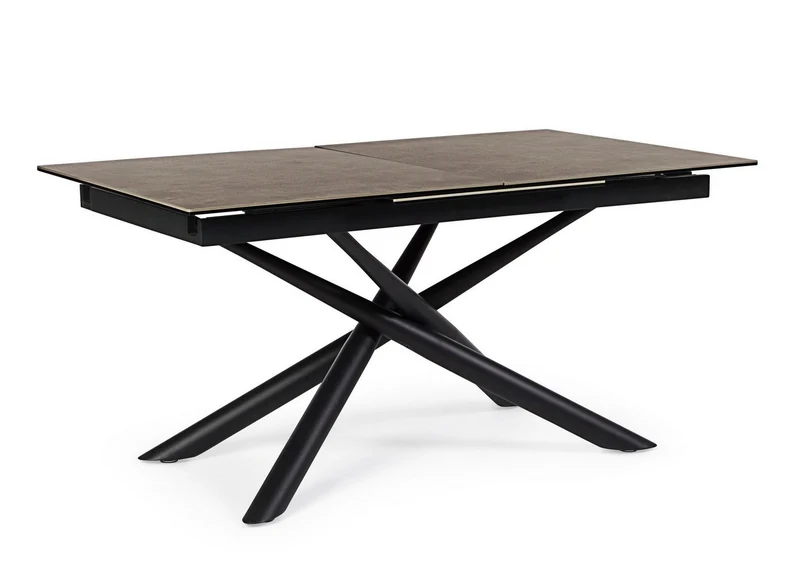 Tavolo allungabile Seyfert con struttura in acciaio, piano in ceramica e supporto in vetro