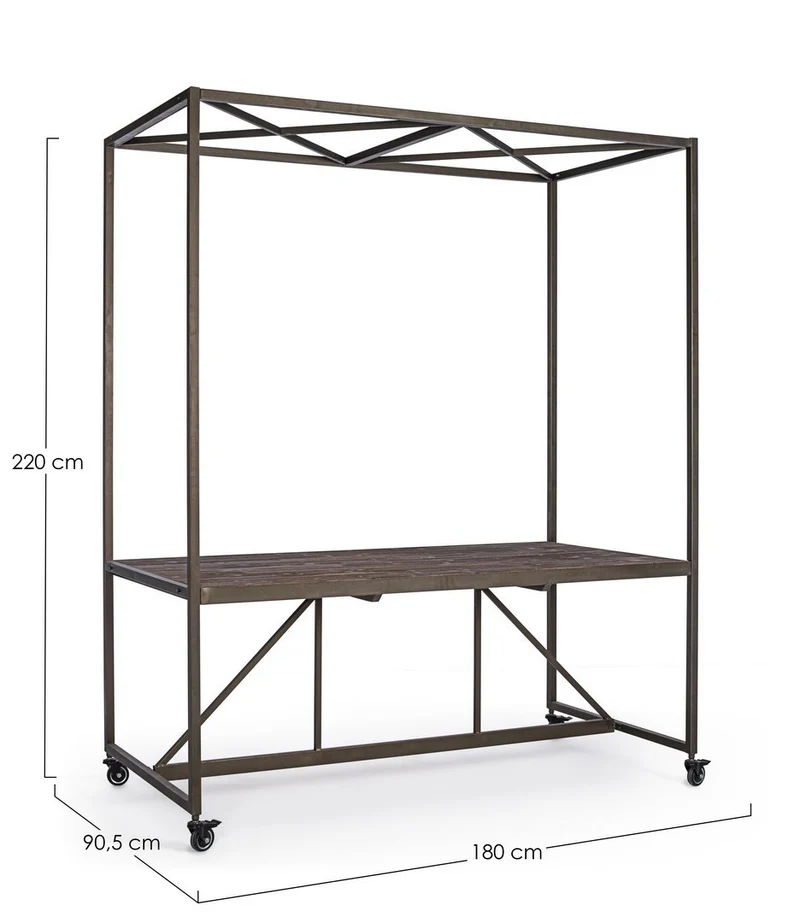 Tavolo espositore con tetto, struttura in acciaio, piano in legno, ruote in gomma