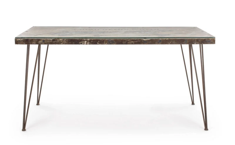 Tavolo Atlantide rettangolare, con struttura in acciaio anticato, piano in vetro e mdf da 160 x 90 cm
