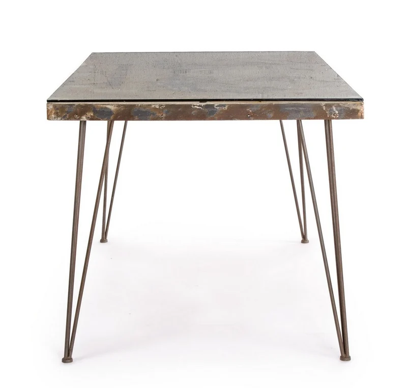 Tavolo Atlantide rettangolare, con struttura in acciaio anticato, piano in vetro e mdf da 160 x 90 cm