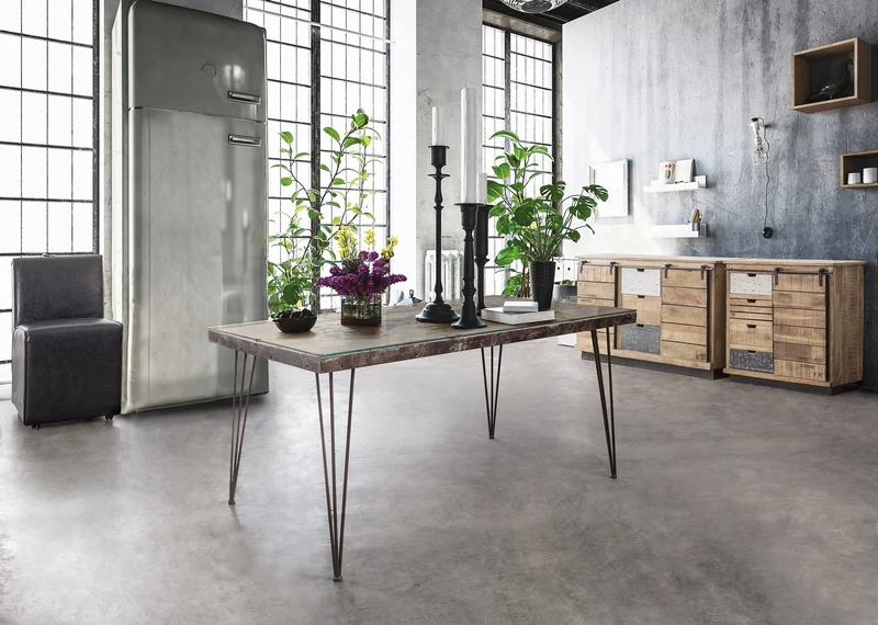 Tavolo Atlantide rettangolare, con struttura in acciaio anticato, piano in vetro e mdf da 160 x 90 cm