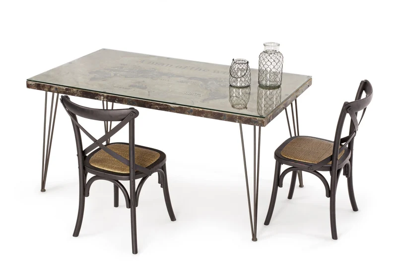 Tavolo Atlantide rettangolare, con struttura in acciaio anticato, piano in vetro e mdf da 160 x 90 cm