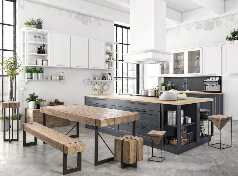 Tavolo Garrett rettangolare, con gambe, piano in legno di abete, stile industriale