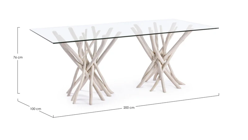 Tavolo "C-V Sahel", con gambe in rami di teak, piano in vetro temperato, stile moderno